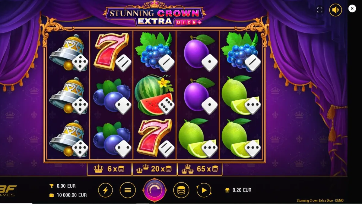 Stunning Crown Extra Dice স্লটের রাজকীয় এবং উজ্জ্বল ইন্টারফেসের দৃশ্য